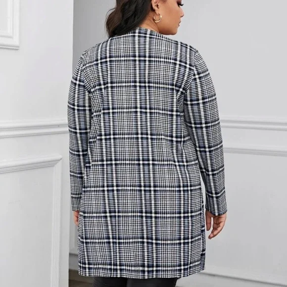 Collarless blazer long lightweight cardigan jacket coat plaid black white - Picture 2 of 2